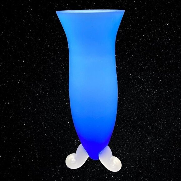Art Glass Frosted Satin Footed Blue Clear Bud Vase 7”T 3”W - Picture 1 of 7